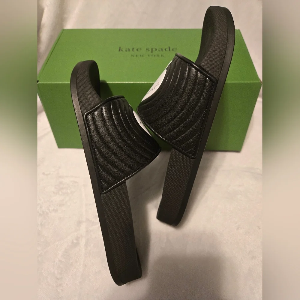 NWT Kate Spade New York Splash Pool Slide Smooth Leather Black/White Size 6